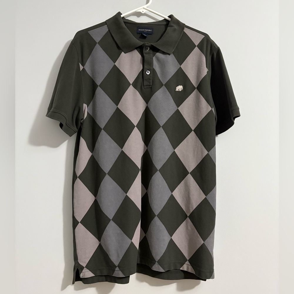 Banana Republic Mens Cotton Polo Short Sleeve Argyle Preppy Large Gray
